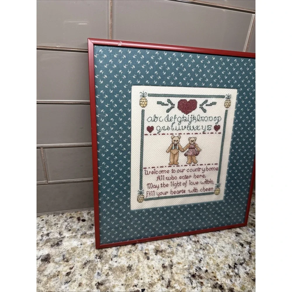 Vintage Country Framed Needle Point Teddy Bears Framed Art Work-cottage Core